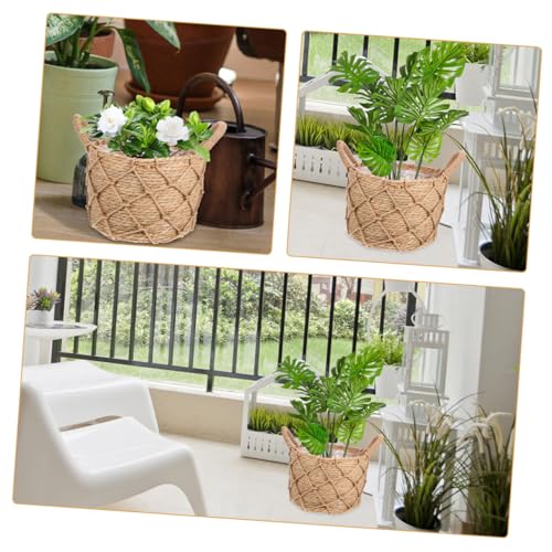 Handwoven Flower Basket Cover with Handles, Straw Hemp Rope Decor - view 2