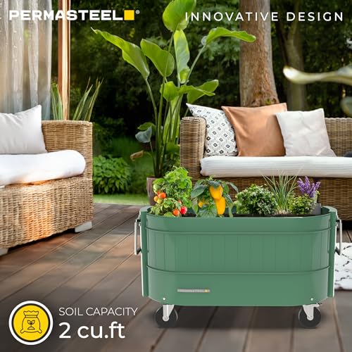 Permasteel Raised Garden Bed Outdoor Planter, Self-Watering with Castor Wheels, for Vegetables, Flowers, Herbs, and Fruit, Sage - view 2