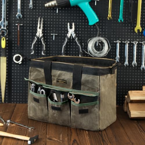 15 Inch Tool Bag, Heavy Duty Waxed Canvas Wide Mouth Water-Resistant Tool Pouch, Garden Tool Tote with 15 Pockets | ArmyGreen - view 5