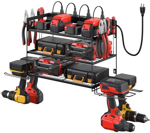 Garage Tools Storage with Charging Station. Power Tool Battery Organizer Utility Shelf with Power Strip. 4 Drills Holder Wall Mount Rack, Black 3 Layer.