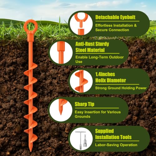 USA 4-Pack Screw in Ground Anchors,Detachable Spiral Tent Stakes,Heavy Duty Rust Proof Metal Trampoline Anchors with Drill Bit Adapter&T-Handle Tool for Canopy,Tent,Trampoline,Swing Set(Orange) - view 4