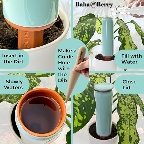 Terracotta Watering Spikes 2 Pack 17.5oz Capacity Plant Watering Devices Self Watering Spikes Large Plant Watering Globes Self Watering Planter Insert AcquaTerra with Root Dibber Installer - view 2