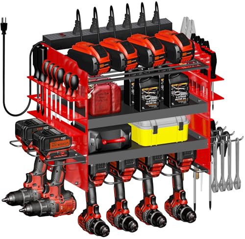Power Tool Organizer Wall Mount with Charging Station, 4-Layer Drill Holder Heavy Duty Metal Storage Rack for Garage Organization Drill Storage Shelf, Fathers Day Dad Gifts for Dad Husband