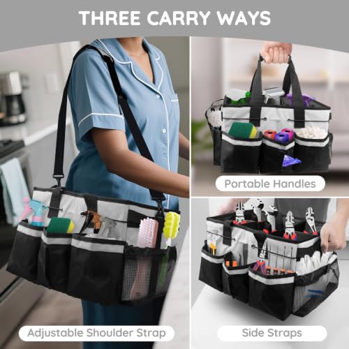 Large Cleaning Caddy Bag with Handle, Built-in Sturdy Support Board, Adjustable Shoulder Strap, Multi-compartment Design Cleaning Supply Tote for Cleaners & Housekeepers (White) - view 6