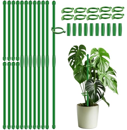 20Pcs Plant Support Stakes 17 inch Garden Orchid Sticks Extended to 3ft 4ft 5ft Plant Poles with Clips for Indoor Outdoor Potted Tomato Rose Amaryllis Vegetables Comes with 20 Ties（Green）