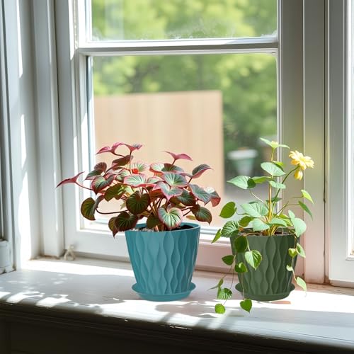 6 Pack 7 Inch Plant Pots with Drainage and Saucers, Multicolour Plastic Flower Pots for Indoor and Outdoor Plants, Stackable Nursery Planters for Houseplants and Herbs, Multicolour - view 5