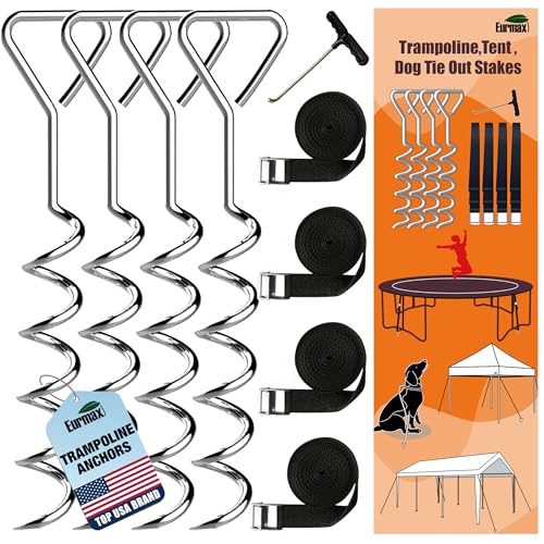 USA 4-Pack Windproof Trampoline Stakes Anchor Kit-Steel Corkscrew Anchor,Heavy Duty Tie Down Kit with T-Hook&Reinforced Safety Straps,Secure Weatherproof Protection for Trampoline,Tent&Playset