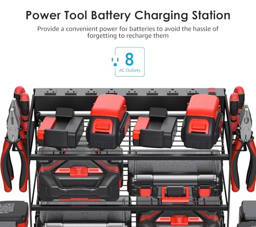 Garage Tools Storage with Charging Station. Power Tool Battery Organizer Utility Shelf with Power Strip. 4 Drills Holder Wall Mount Rack, Black 3 Layer. - view 2