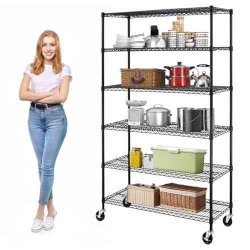 6-Tier Wire Shelving Unit with Wheels, 48x18x72 in, Black