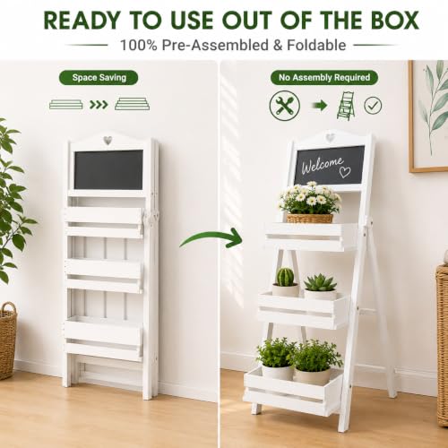 3-Tier Plant Stand Wooden Plant Rack with Chalkboard, China Fir 22.05LBS Load Foldable No Assembly, Hollow Shelf Guardrail Home Garden (White) - view 3