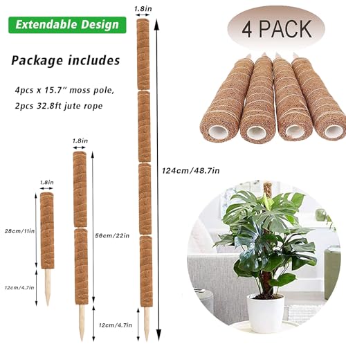 4 Pcs 15.7 Inch Coir Moss Totem Pole Monstera Plant Support with 2 Pcs 32.8ft Jute Rope, Plant Stakes for Indoor Plants Climbing, Support Extension(4 Packs 15.7 Inch) - view 2