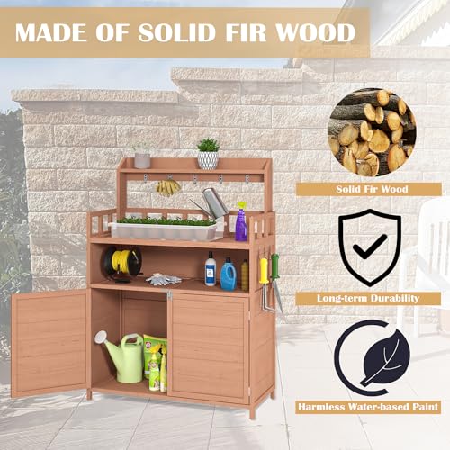 Potting Bench Gardening Table Wooden Planting Workstation with Storage Cabinet, Top Shelf, Hooks, Raised Guardrail, Lockable Doors for Patio Backyard Greenhouse Yard Supplies Organizer - view 4