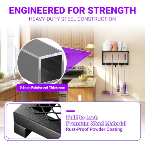 Heavy Duty Broom Holder Wall Mount, All-Metal Mop Rack with Storage Shelves - view 7