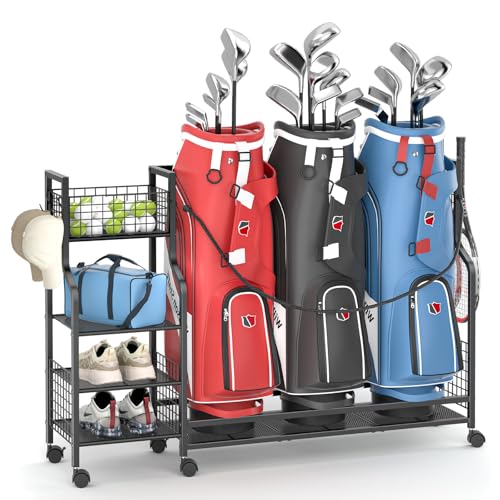 Golf Bag Storage Rack for Garage with Wheels, Organizer for Golf Bag and Equipment Accessories, Golf Organizer Stand Ideal for Home, Garage, Club, Shed, Basement - Sturdy and Durable (Black)