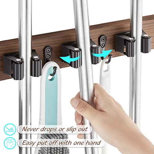 Mop and Broom Holder Wall Mount - Wood Broom Mop Hanger - Wall Mounted Garden Tool Rack Organizer for Closet Garage Laundry Room, Rustic Kitchen Decor With 4 Slots & 4 Hooks - view 2