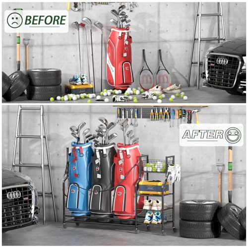 Golf Bag Storage Rack for Garage with Wheels, Organizer for Golf Bag and Equipment Accessories, Golf Organizer Stand Ideal for Home, Garage, Club, Shed, Basement - Sturdy and Durable (Black) - view 5