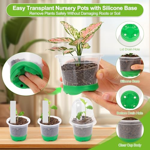 59Pcs Clear Nursery Pots Kits with Grow Light Includes 22 Pack 4'' Seed Starter Pots with Silicone Base & Lids, Clear Plant Pots for Propagation, Seedling Pots Kit with Drainage, Labels, Repotting Mat - view 5