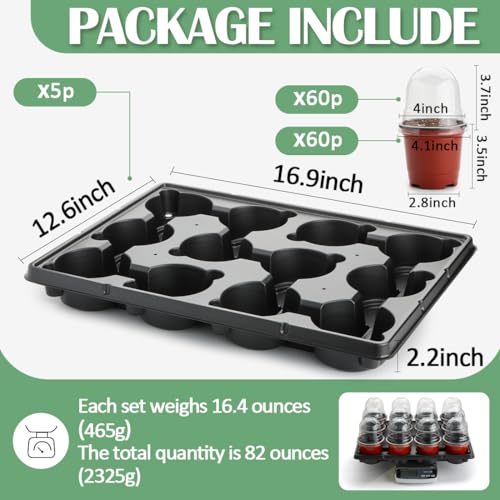 4 Inch 60 Pack Nursery Pots with Humidity Domes & 5 Pack 12 Cell Round Seedling Pot Carrying Trays, Sturdy Seeds Starter Pot Germination Set, Small Planter Nursery Propagation 5 Sets - view 2
