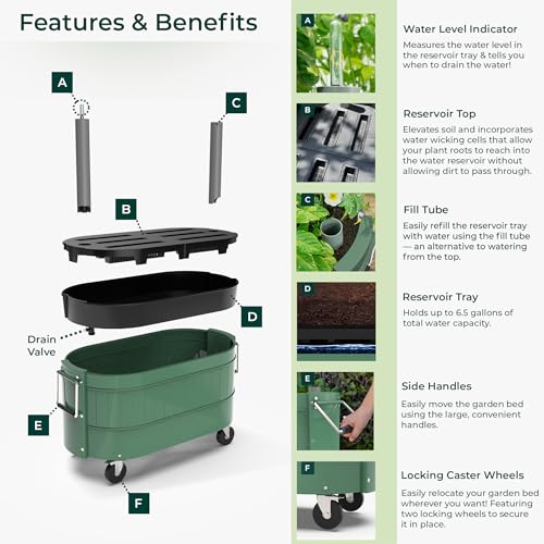 Permasteel Raised Garden Bed Outdoor Planter, Self-Watering with Castor Wheels, for Vegetables, Flowers, Herbs, and Fruit, Sage - view 7
