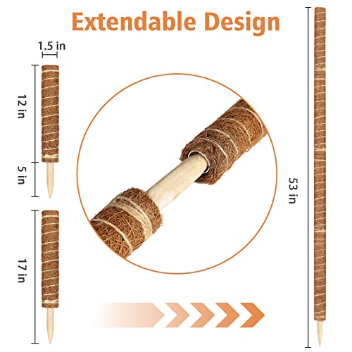 【4 Pack】 Moss Pole, 17 inch Coco Coir Totem Poles Extending to 53 Inches, Plant Support Stick Plant Poles for Indoor Plants Climbing Plants Monstera, Sphagnum, Pothos - view 2