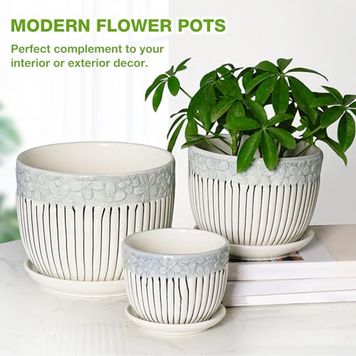 Ceramic Plant Pots Set of 3, 6.75/5.6/4.2 inch Planters with Drainage Holes and Saucer, Flower Pot Outdoor Indoor, Modern Decorative Planters for House Plants Garden Planters Succulent Pots - view 4
