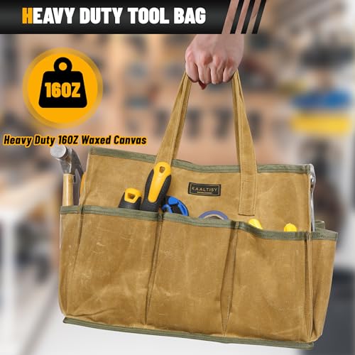16OZ Waxed Canvas Tool Tote Bag | Large-Capacity Tool Storage Tote with 10 External Pockets | Multi-Purpose Garden Tool Carrier for Gardening, Wrench, and Carpentry Tools – Khaki - view 4