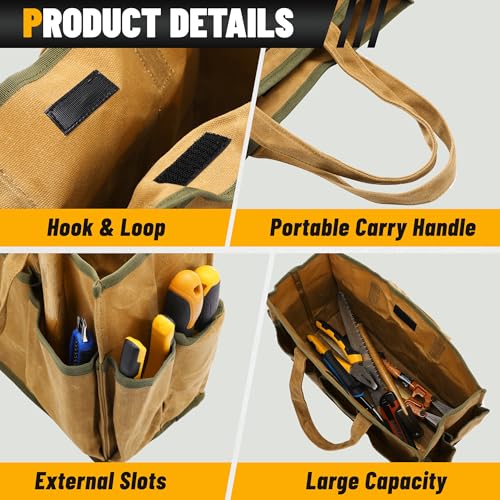 16OZ Waxed Canvas Tool Tote Bag | Large-Capacity Tool Storage Tote with 10 External Pockets | Multi-Purpose Garden Tool Carrier for Gardening, Wrench, and Carpentry Tools – Khaki - view 3