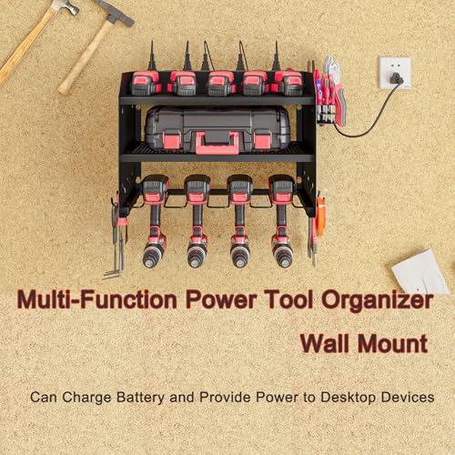 Wall Mount Power Tool Organizer with Charging Station, Black Drill Holder - view 5