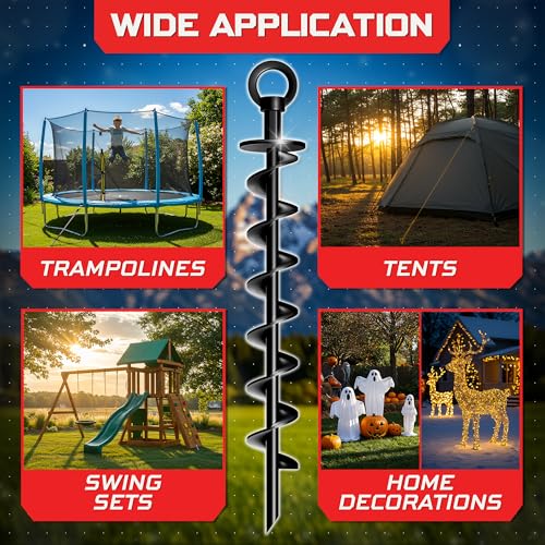 Trampoline Stakes, Trampoline Accessories, Ground Stakes Heavy Duty, Ground Anchors Screw in, Rebar Stakes, Tent Anchors, Yard Spikes, Galvanized Steel (4 Pack Spiral, Black) - view 2