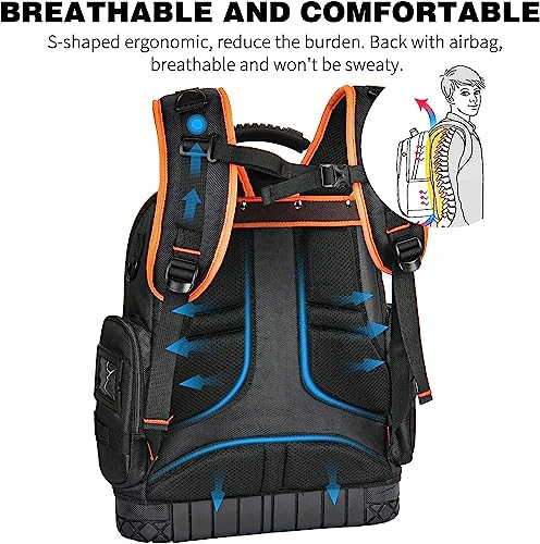 Tool Bag Backpack with 2 Canvas Tool Pouch Tool Kit, 75 Pockets & Loops Heavy Duty Tools Organizer/HVAC Tool Carrier for Eelectrician/Construction Work with Molded Base and Combination Lock, Black - view 6