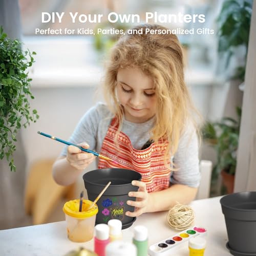 10 Pack 6 Inch Plant Pots with Drainage and Saucers, Black Plastic Flower Pots for Indoor and Outdoor Plants, Stackable Nursery Planters for Houseplants and Herbs, Black - view 4
