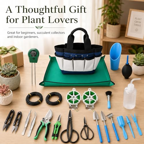 25 Pcs Succulent & Bonsai Tools Set for Beginners, Indoor Plant Care Tool Set with Repotting Mat, Organizer Tote, Soil Moisture Meter, Pruning Shears, Mini Garden Tools, Gardening Gift for Women Men - view 7