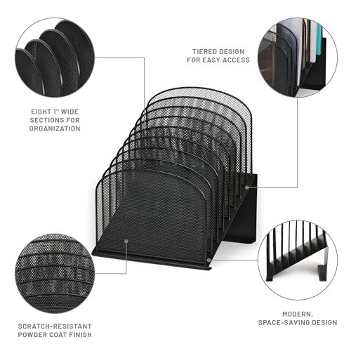 Onyx Desk Organizer, 8 Tiered Vertical Compartments, Office and Classroom Mailbox, Paper and Mail Sorter, Steel Mesh, Black - view 3