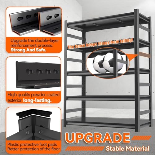 72"H Metal Garage Shelving Unit, Heavy Duty 5-Tier Adjustable Storage shelves, Steel Shelving, 3000 LBS Capacity, Industrial Shelves for Heavy Tools and Equipment, Ideal for Garage, Basement, Black - view 5