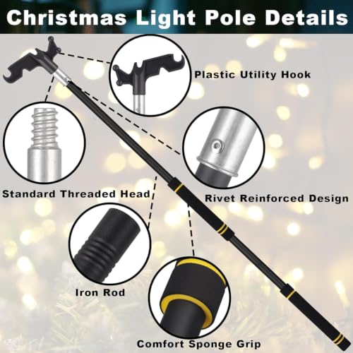 Christmas Light Pole, 31–61inch Adjustable Segmented Stainless Steel Extension Pole with Black Hooks Ideal for Hanging String Lights Holiday Decorations Clothing and Bird Feeders - view 3