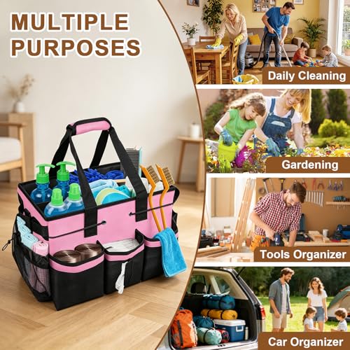 Large Cleaning Caddy Bag - 15" x 10.5" x 9" Heavy-Duty Organizer Tote for Housekeepers, Janitors & Home Cleaning Supplies with Adjustable Shoulder Strap & Multiple Pockets (Pink) - view 5