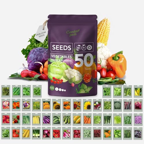 Vegetable Seeds Pouch - 50 Varieties of Vegetable, Herb & Flower Seeds for Planting - 25,000 Non GMO Heirloom Seeds - Gardening Gifts for Men and Women