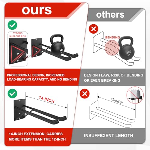 14" Large Heavy Duty Garage Hooks, Steel Garage Storage Hooks with Support Rods, Utility Wall Mount Hangers for Power Tools, Car Tires, Ladders, Chairs, Garden Tools and More (4-Pack 14" Heavy Hooks) - view 3