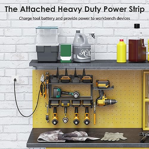 Modular Power Tool Organizer Wall Mount Charging Station, Black 6 Drills Holder with 8 Plug Power Strip, Garage Drill Battery Heavy Duty Metal Shelf, Utility Rack with Hooks, Side Storage. - view 3