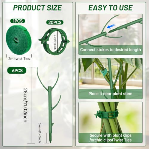 Monstera Plant Support, 6 Pack Upgraded Plant Stakes for Indoor Plants, 0.39 in Thick Stackable House Plant Stakes with Plant Tie & 20 Clips for Pothos, Vine, Climbing Plants - view 2