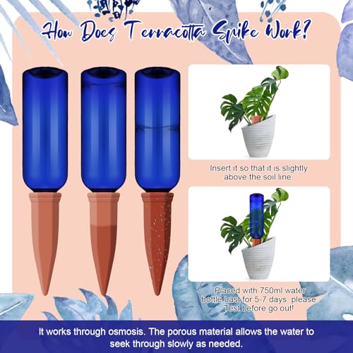 12 Pcs Watering Spikes for Indoor Plants Include Terracotta Self Watering Spikes Devices and 26 oz Plastic Bottles Slow Release Vacation Insert Automatic(Blue) - view 3