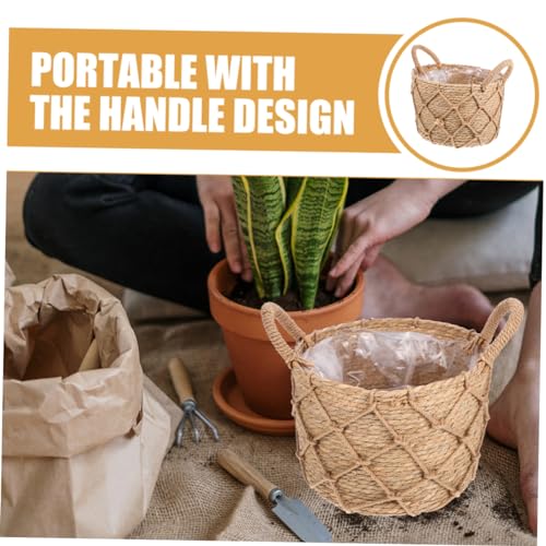 Handwoven Flower Basket Cover with Handles, Straw Hemp Rope Decor - view 4