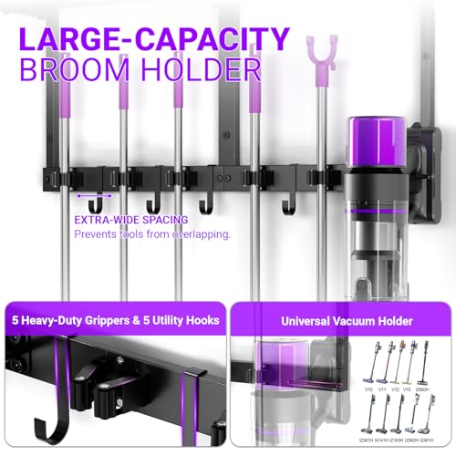 Heavy Duty Broom Holder Wall Mount, All-Metal Mop Rack with Storage Shelves - view 3