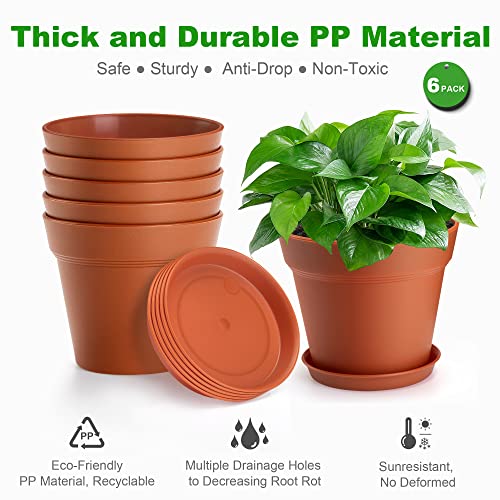 6 Pack 7 inch Plastic Plant Pots with Drainage Holes and Tray, Terracotta - view 4