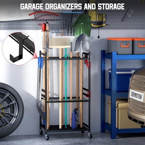 Garden Organizer With Wheels, Yard Tower Rack for Garage Storage, Up to 35 Long-Handled Tools, Sturdy Metal Steel Holder With 3 Hooks, Outdoor, Black - view 3