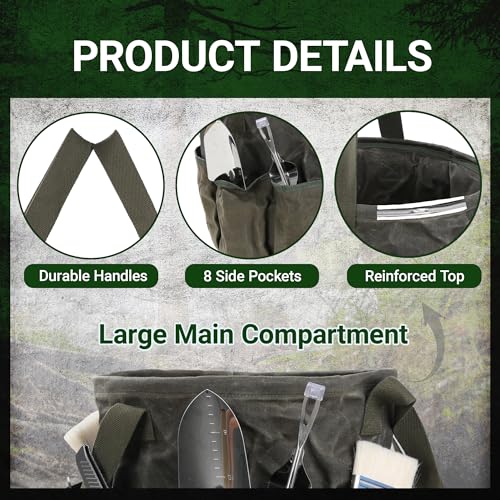Professional 16oz Waxed Canvas Garden Tool Tote - Extra Large Waterproof Storage with 8 Pockets & Reinforced Base | Durable Carrying Case for Gardening, Landscaping & Outdoor Work - view 3