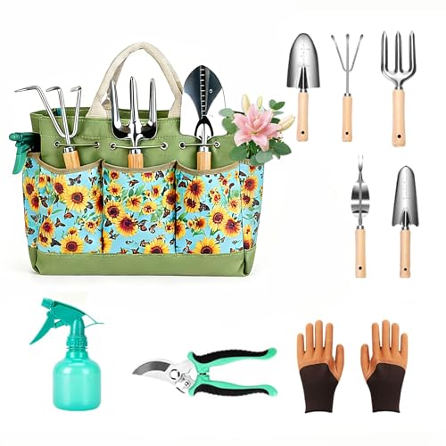 Garden Tool Set, 9 Pcs Heavy Duty Stainless Steel Gardening Hand Tool, Yellow Garden Tool Bag Kit, Gardening Supplies Gifts for Women Men Mom Dad Gardener Beginner