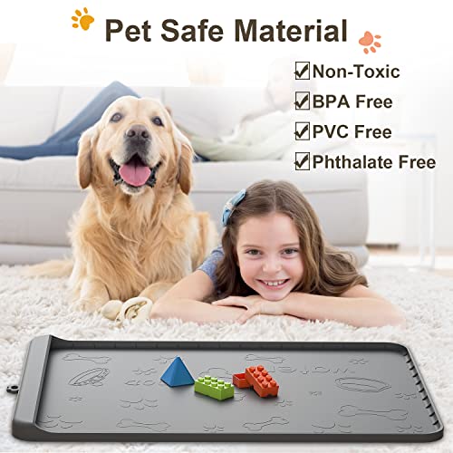 Dog Food Mat - Silicone Dog Mat for Food and Water - 28" x 20" Pet Feeding Mats with Residue Collection Pocket - Waterproof Dog Cat Bowl Mat with High Edges to Prevent Water Food Spills (Gray) - view 3