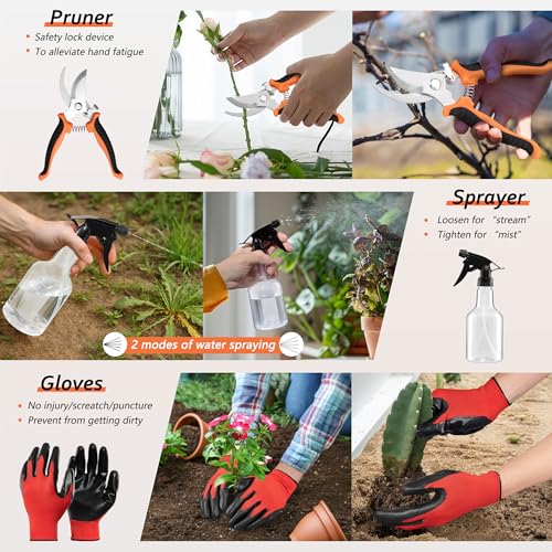 Garden Tools Set, 11 Pcs Gardening Supplies Hand Tool Kit for Women Men Gardeners, Include Tote Bag, Reportting Mat, Transplant Trowel, Rake, Pruner for Outdoors - view 5