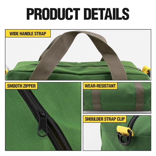 Small Tool Bag, Canvas Tool Storage Bag, Large Capacity Multipurpose Zipper Soft Tote Organizer Pouch for Electrician, Plumbing, Gardening,Tools Bags for Men (Green, 12 Inch) - view 4